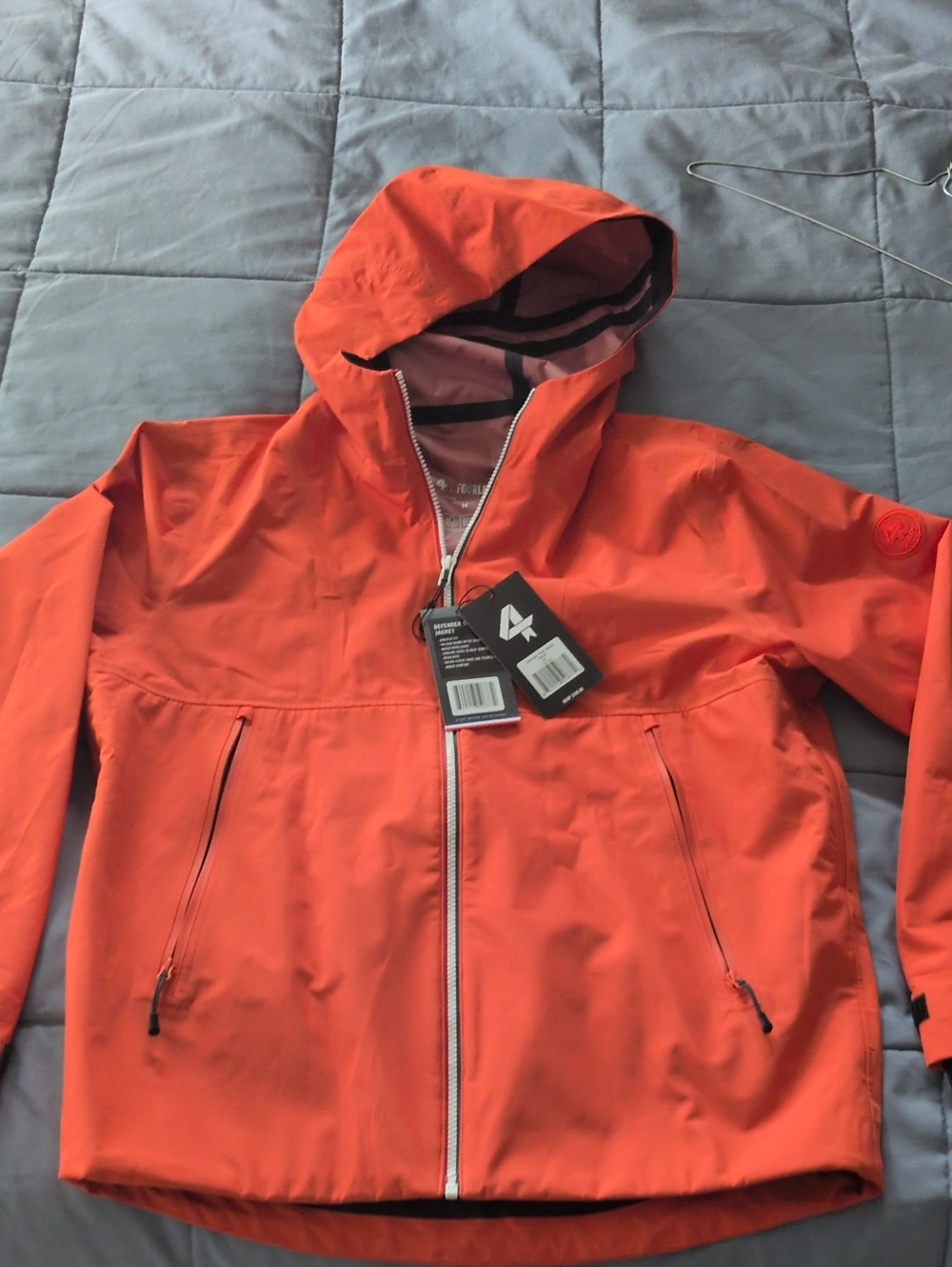 Men's Hooded Orange Waterproof Raincoat with Zip Pockets